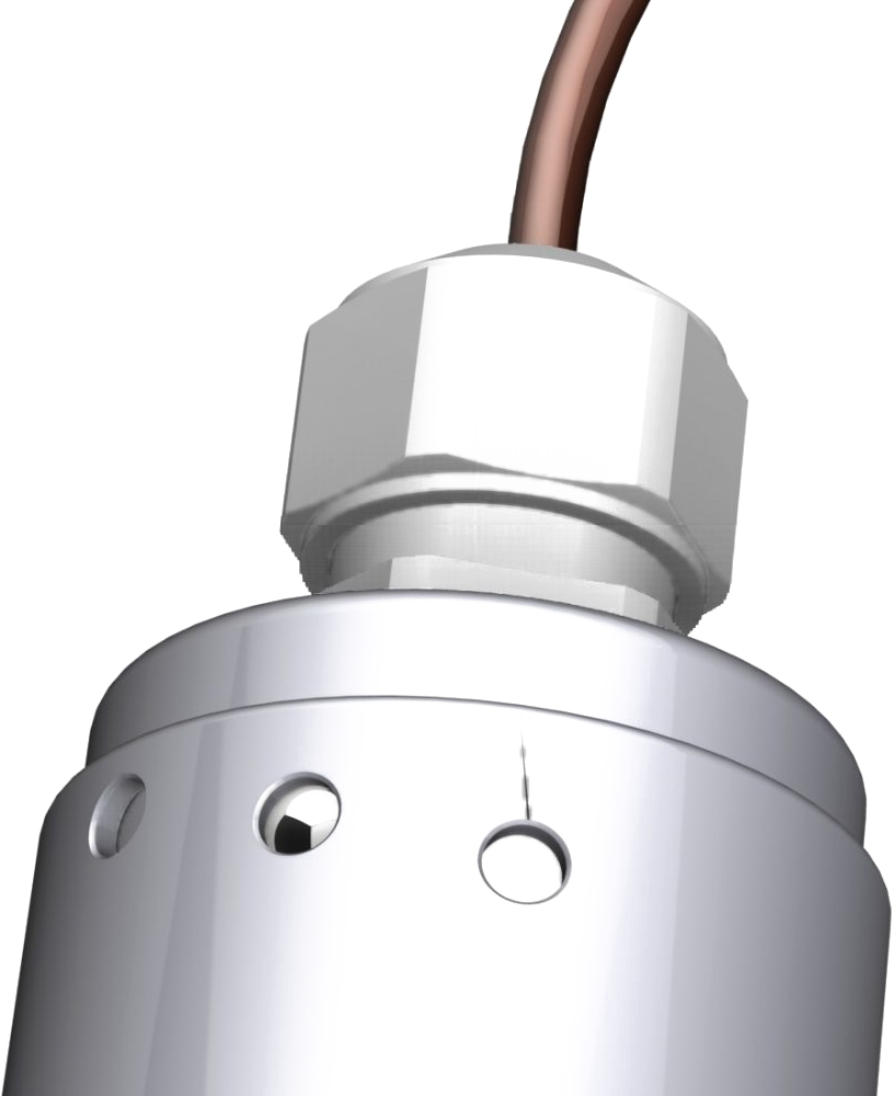 Bar probe with process connection and cable, rendered in grey steel